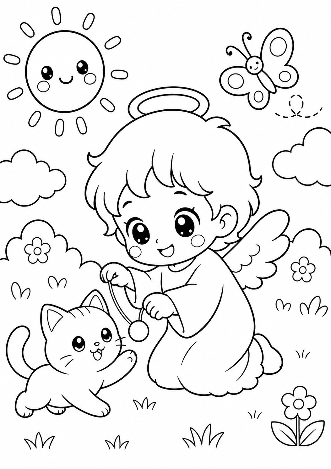 Coloriage ange avec chat