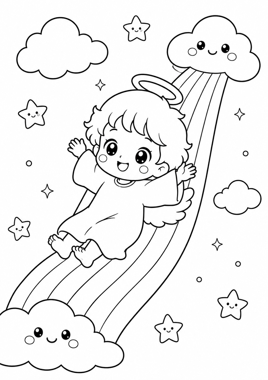 Coloriage ange avec arc-en-ciel