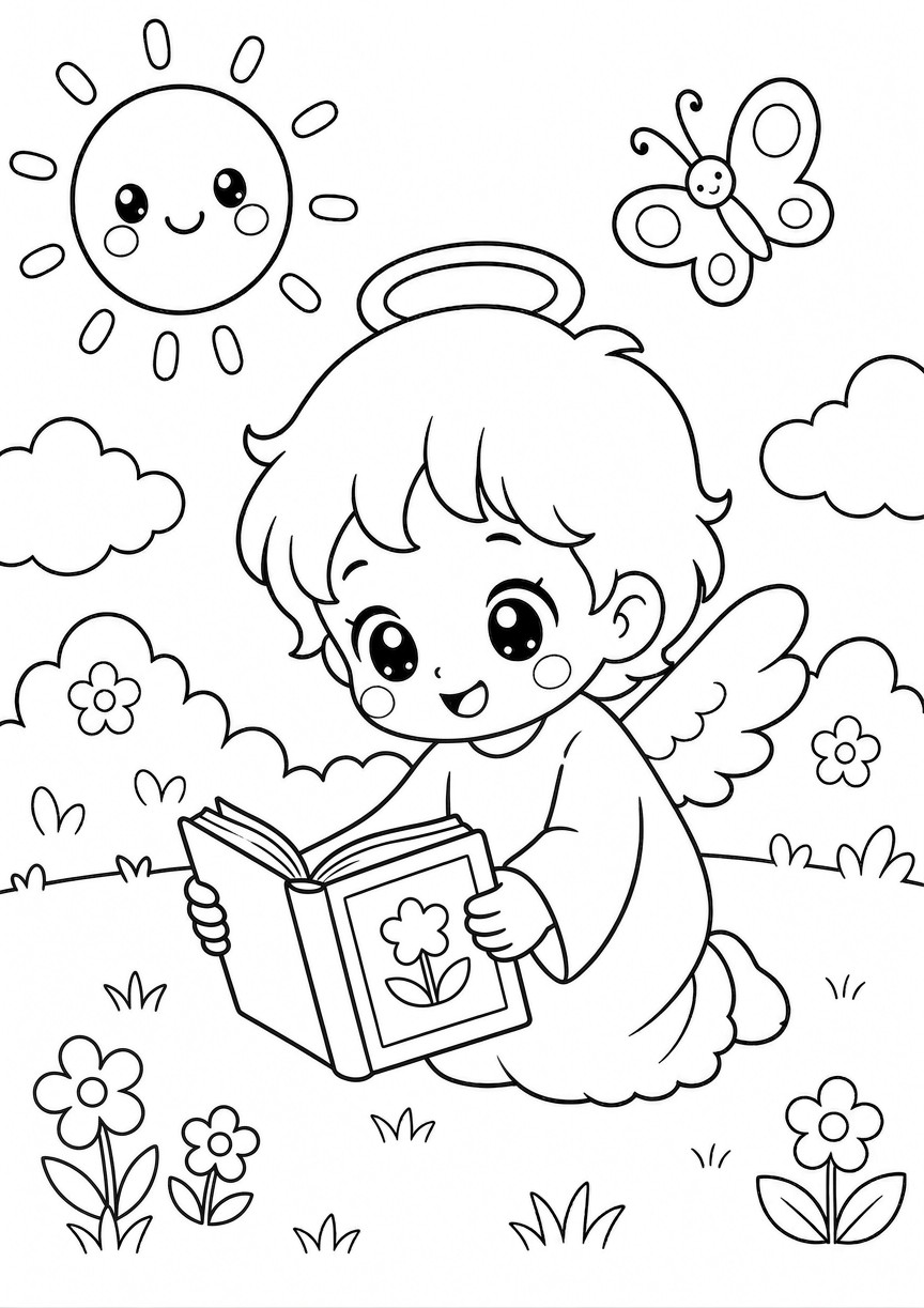 Coloriage ange qui lit un livre