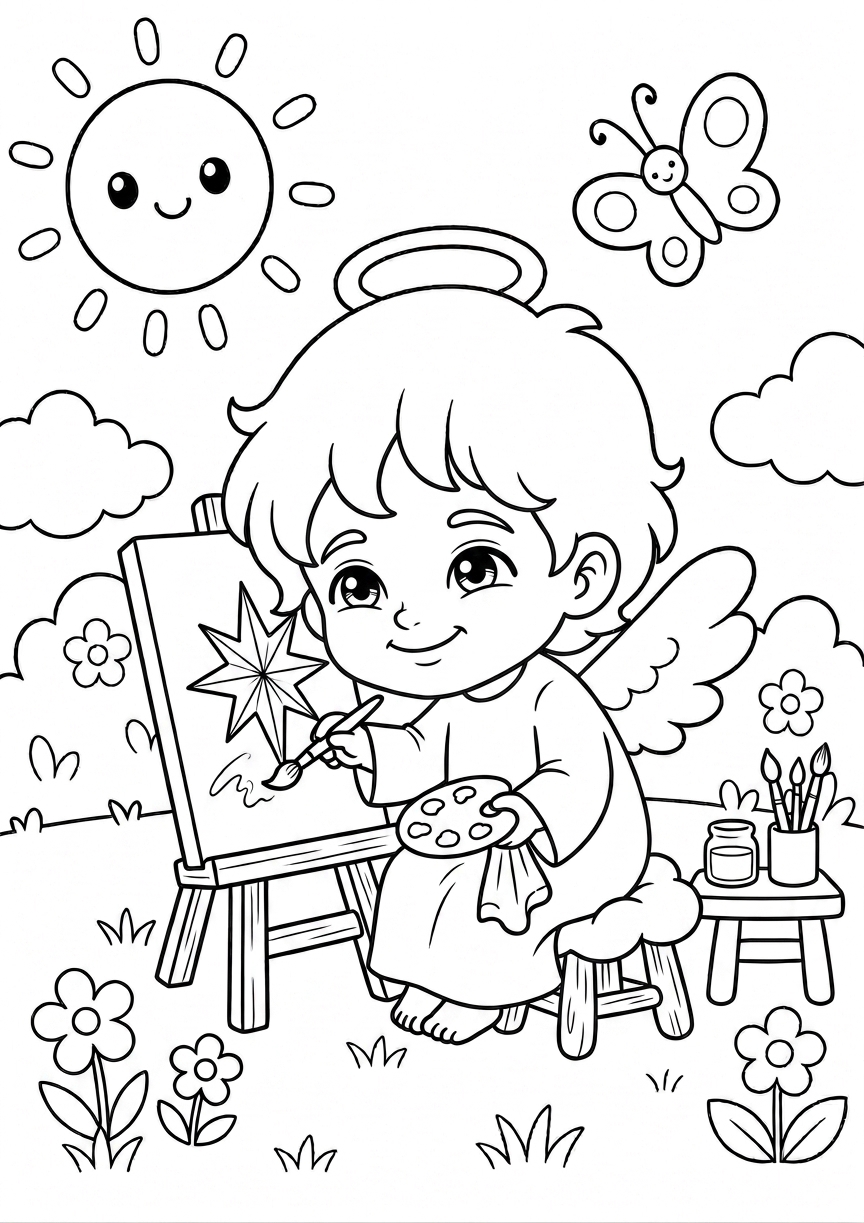 Coloriage ange qui peint
