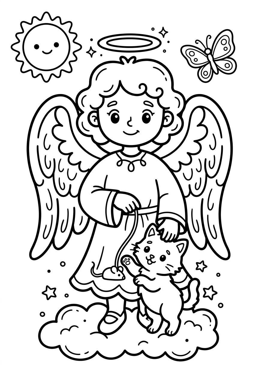 Coloriage ange avec chaton