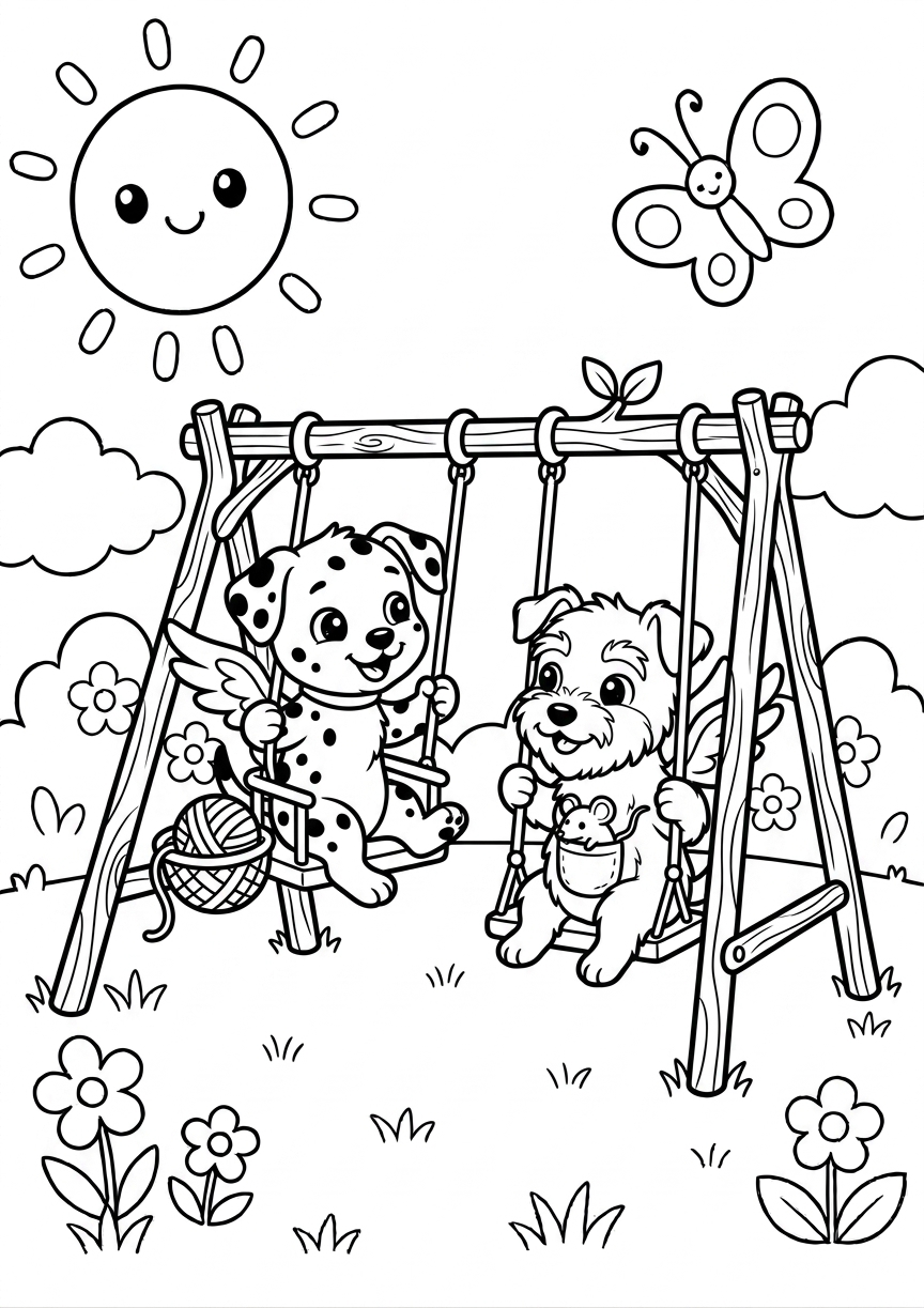 Coloriage chiots ailés au parc